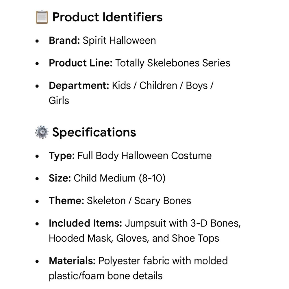 Spirit Halloween Totally Skelebones Kids Skeleton Costume Medium 8-10 3D Bones - Picture 2 of 8